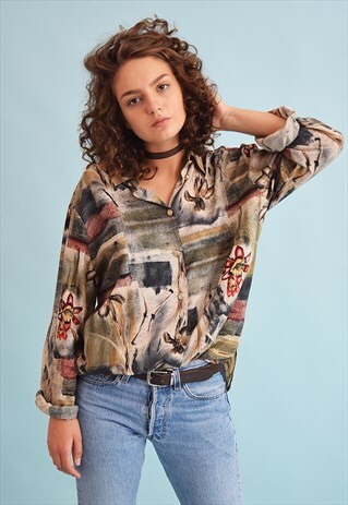 90'S RETRO LOOSE-FITTED FLORAL PRINT MOMS SHIRT TOP
