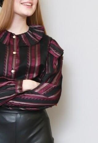 VINTAGE 1980'S BLACK AND PURPLE STRIPED RUFFLE BLOUSE