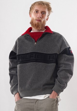 RARE VINTAGE MENS TOMMY HILFIGER BIG LOGO FLEECE PULLOVER