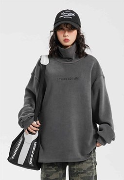 Turtleneck sweatshirt utility jumper fleece top in grey