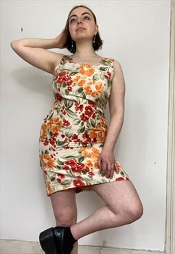 Vintage 90s cream & orange floral mini dress 
