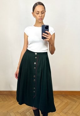 Vintage Green Wool Austrian Skirt, A-line Midi Skirt