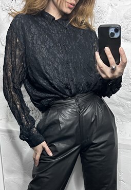 90s Black Lace Gothic Blouse / Shirt - L - XL