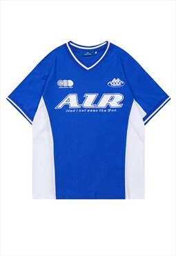 Sport t-shirt Y2K tee striped motocross retro top in blue