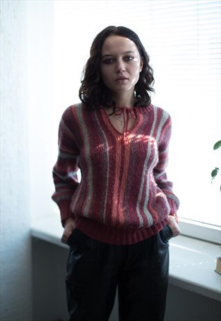 VINTAGE 70'S HANDMADE PINK WOOL STRIPED JUMPER