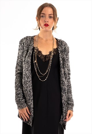 KNITTED DRAPED WATERFALL CARDIGAN IN BLACK AND GREY