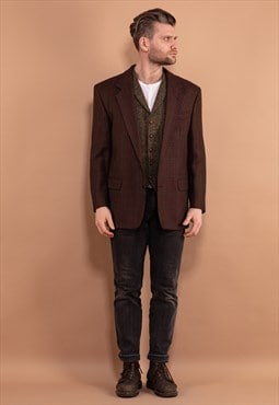 Vintage 90's Men Plaid Wool Blazer in Brick Brown