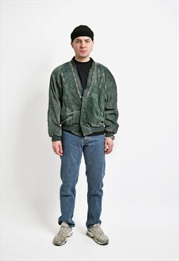 Vintage suede leather 80's green bomber jacket coat men's