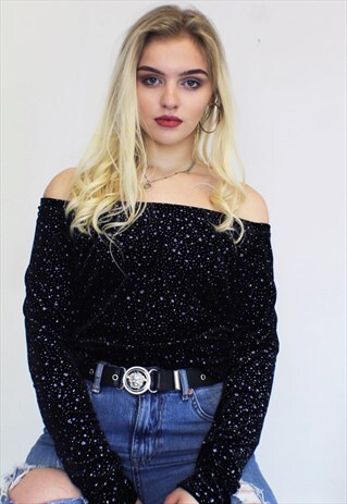 BARDOT VELVET GLITTERY OFF THE SHOULDER PARTY TOP