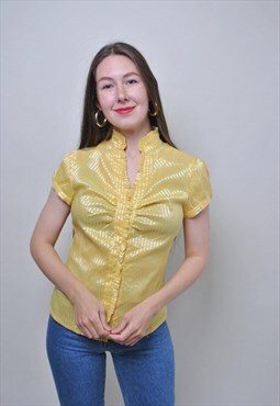 Vintage striped yellow blouse, retro ruffled collar shirt
