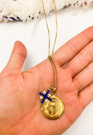 1970'S BLUE ENAMEL CROSS & COIN NECKLACE
