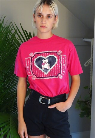 CUTE 90'S TEDDY BEAR PRINT PINK T-SHIRT