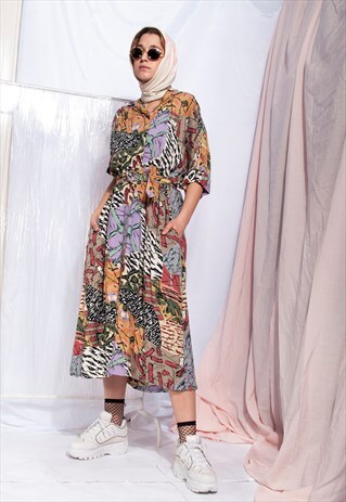 VINTAGE SHIRT DRESS 90S ABSTRACT PATTERN BUTTON FRONT MAXI