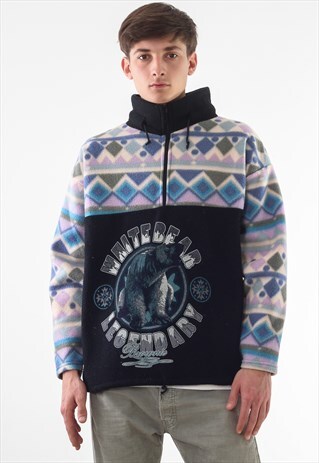 VINTAGE WHITE BEAR PULLOVER HALF ZIP JACKET 90S PRINTED