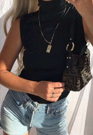 VINTAGE 90S BLACK POLYESTER ROLL NECK VEST TOP