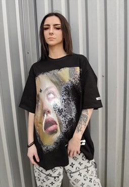 I-girl print tee distressed top paint splatter t-shirt black