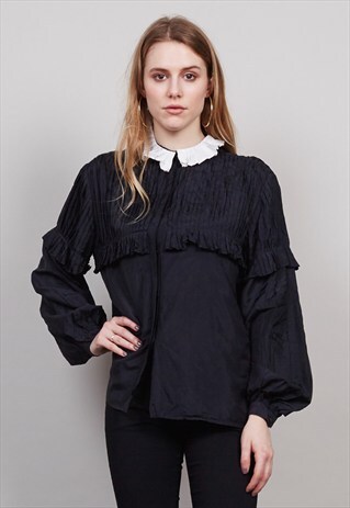 VINTAGE 70'S VICTORIAN PLEATED MONOCHROME BLOUSE