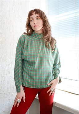 Vintage 70's Green Checked Bohemian Blouse