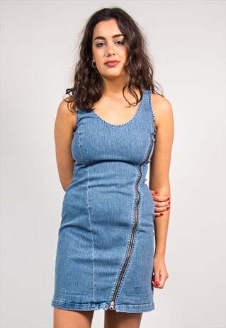 VINTAGE 90'S Y2K ZIP DETAIL MINI FITTED DENIM DRESS