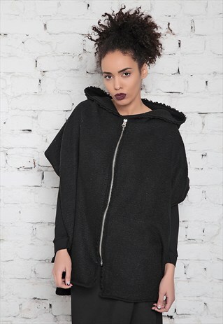 BLACK LONG ASYMMETRICAL COAT / MAXI ZIPPER VEST