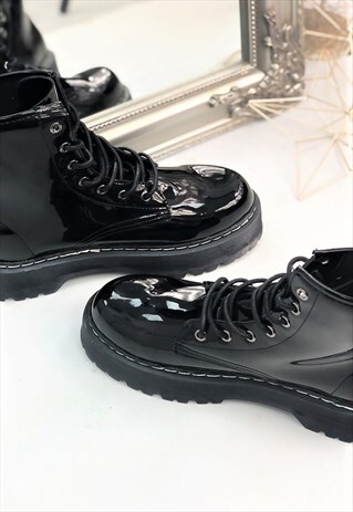 BLACK PATENT CHUNKY LACE UP BIKER BOOTS