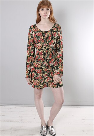 VINTAGE 80S FLORAL PATTERNED TIE BACK DRESS