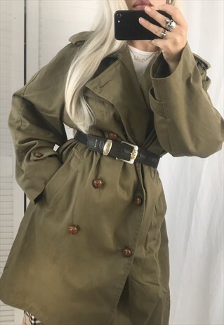 VINTAGE 70S MOSS GREEN MILITARY ARMY COTTON TRENCH COAT