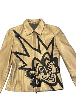 Gold Leather Jacket with abstract print 