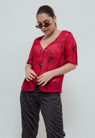 VINTAGE Y2K GOTHIC ROSE CRINKLE SHEER SHORT SLEEVE TOP M/L