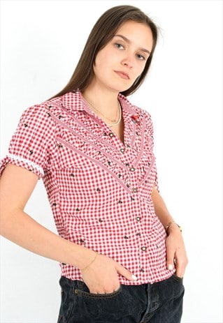 CHECK BLOUSE SHIRT BUTTON UK 10 PLAID TRACHTEN EU 38 JAGER