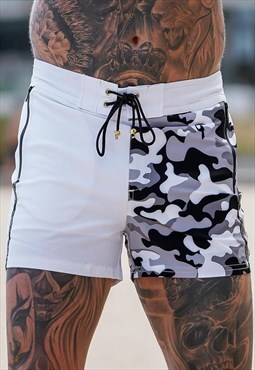Tucann Split Camo White-Quick Dry Swim Shorts Zipper Pockets