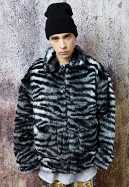 Faux fur stripe jacket retro fluffy fleece zebra bomber grey