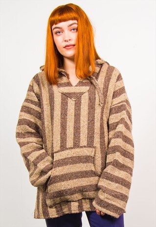 VINTAGE 90'S BROWN STRIPED OVERSIZED BAJA HOODIE JUMPER