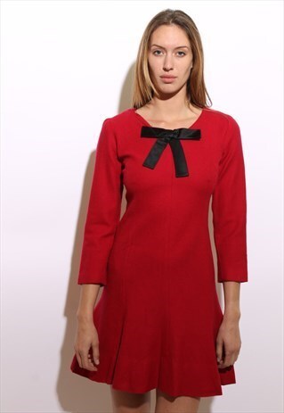 VINTAGE 60S MOD MAGENTA DRESS BLACK BOW MR MORT XS S