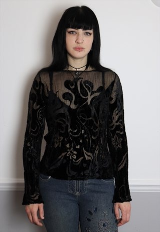 90S GOTH SHEER TATTOO BURNOUT TOP WITH LONG FLARED SLEEVE