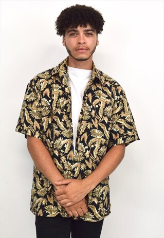 VINTAGE 90S BLACK & GOLDEN LEAVES PRINT SHIRT