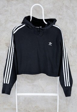 Adidas Originals Black Cropped Hoodie Striped Oversized UK 8
