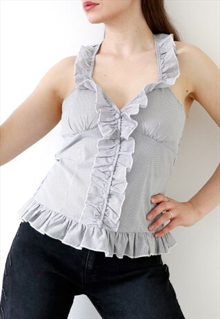 Y2K VINTAGE RUFFLED FRILLED HALTER NECK TOP NAUTICAL STRIPED