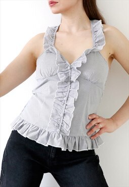 Y2k Vintage Ruffled Frilled Halter Neck Top Nautical Striped