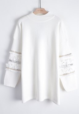 Jumper with Floral and Sequin Embellished Sleeves white