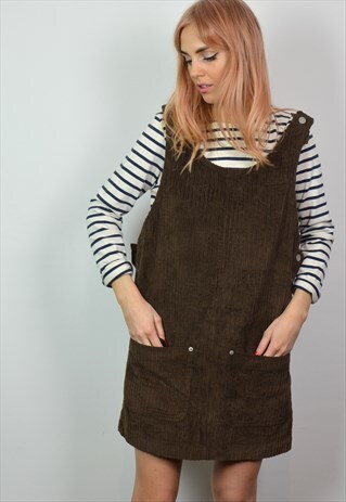 VINTAGE 70S DARK BROWN CORDUROY PINAFORE DRESS