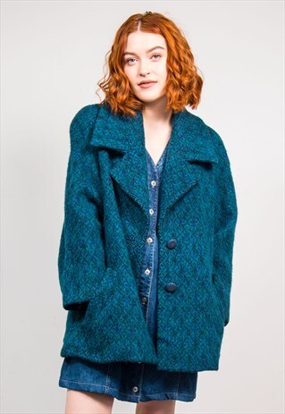VINTAGE 90'S TURQUOISE WINTER TWEED STYLE PEA COAT
