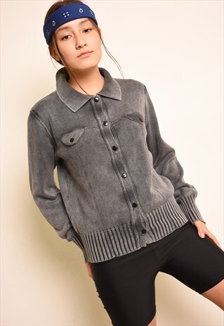 Y2K RETRO ACID WASH GRUNGE KNIT DISTRESSED CARDIGAN