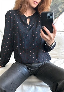 Polka Dot Black Blouse / Top - Large 