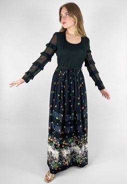 70's Vintage Long Sleeve Ruffle Prairie Black Maxi Dress