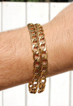 Set of 2 Stainless Steel Gold Curb Wrist Chains