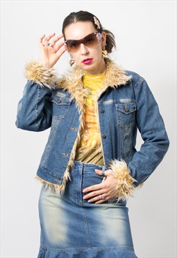 Vintage Y2K denim jacket faux fur collar women M