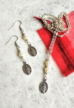 Handmade Virgin Mary Faux Pearl Earrings and Necklace Set