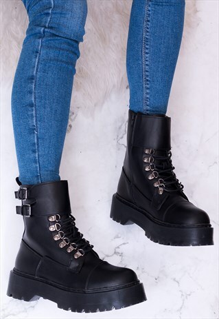 PLATFORM LACE UP COMBAT BOOTS-BLACK LEATHER STYLE-OXIGENATE