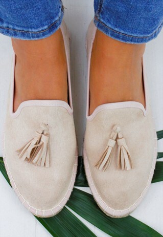 NUDE FAUX SUEDE TASSEL ESPADRILLES SLIP ON PUMP LOAFERS